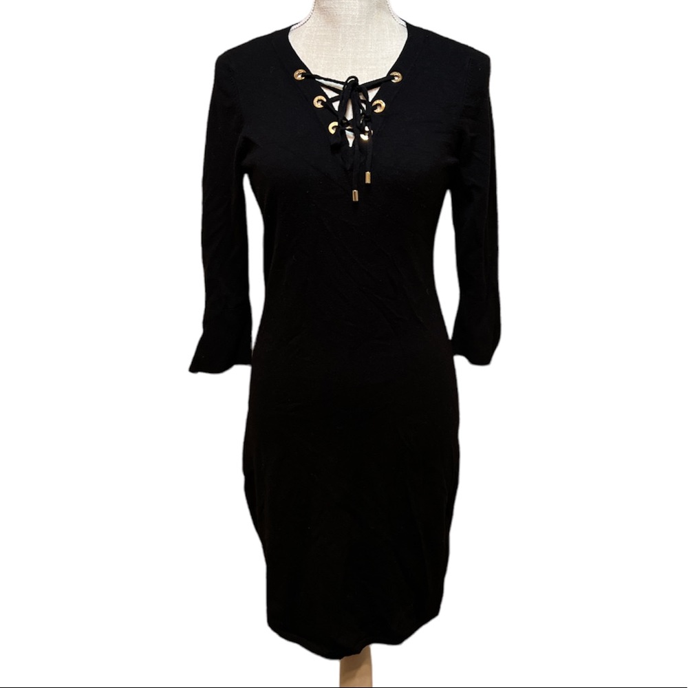 Calvin Klein Black Lace Up Top Long Sleeve Sweater MIDI Dress